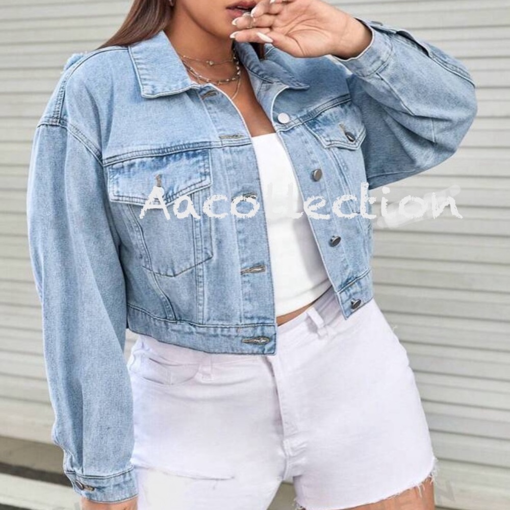 Classic Plus Size Light Wash Long Sleeve Button Denim Jean Jacket